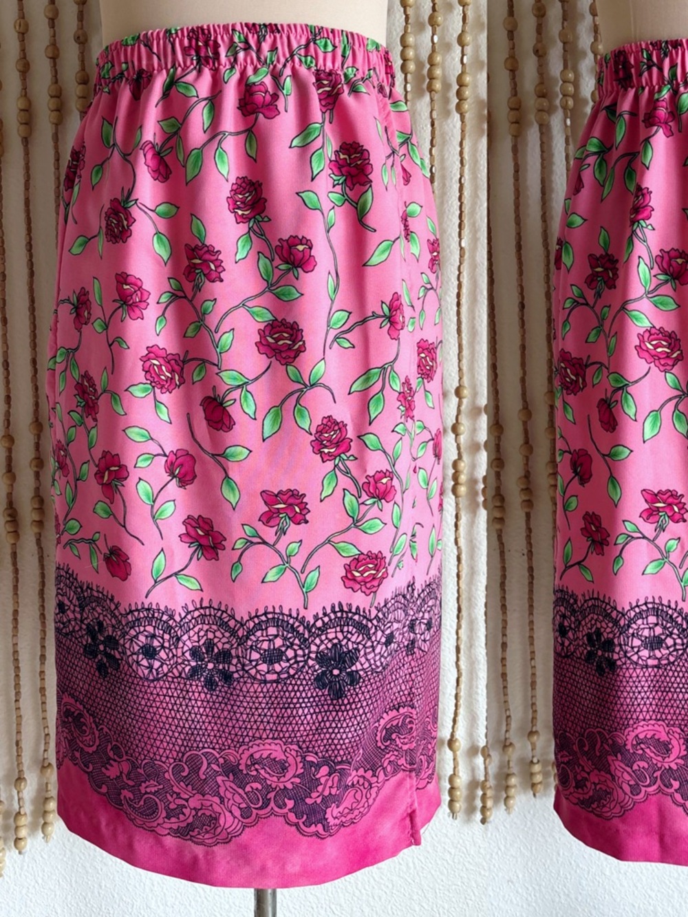 Vintage Floral Print Pink Green Boho Coquette Y2K Lace Detail Wrap Front Stretch